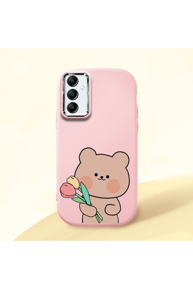 Samsung Galaxy A14 Compatible Case with Camera Protection Pink Silicone Couple Phone Case with Teddy Bear Pattern