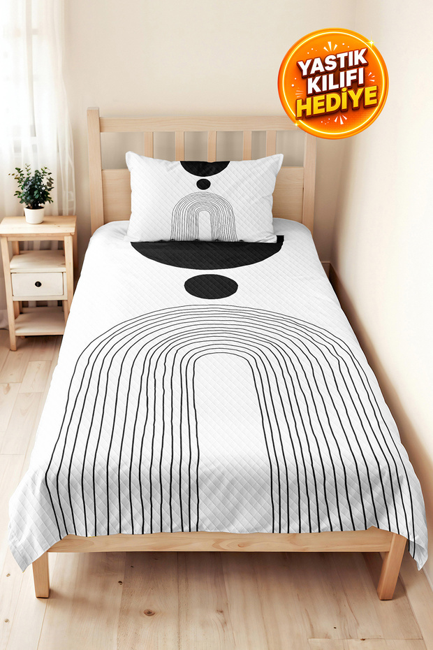 Black Geometric Youth Room Single Pique Set - Modern Minimal 160X220 cm Quilted Bedspread