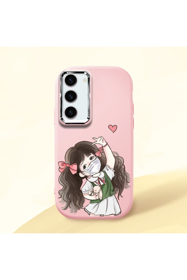 Samsung Galaxy S23 Compatible Case Camera Protector Pink Silicone Couple Phone Case Girl Patterned