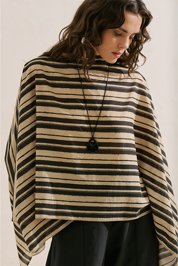 Patterned Cape Blouse with Black Stripes - 4