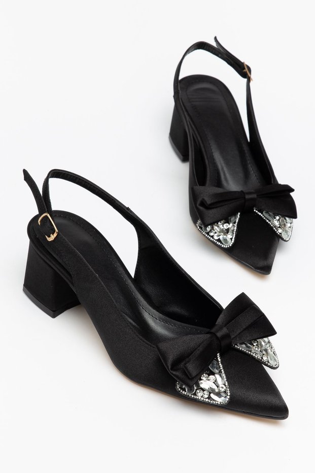 Vesper Women's Black Satin Stone Buckle Casual Classic Heeled Shoes