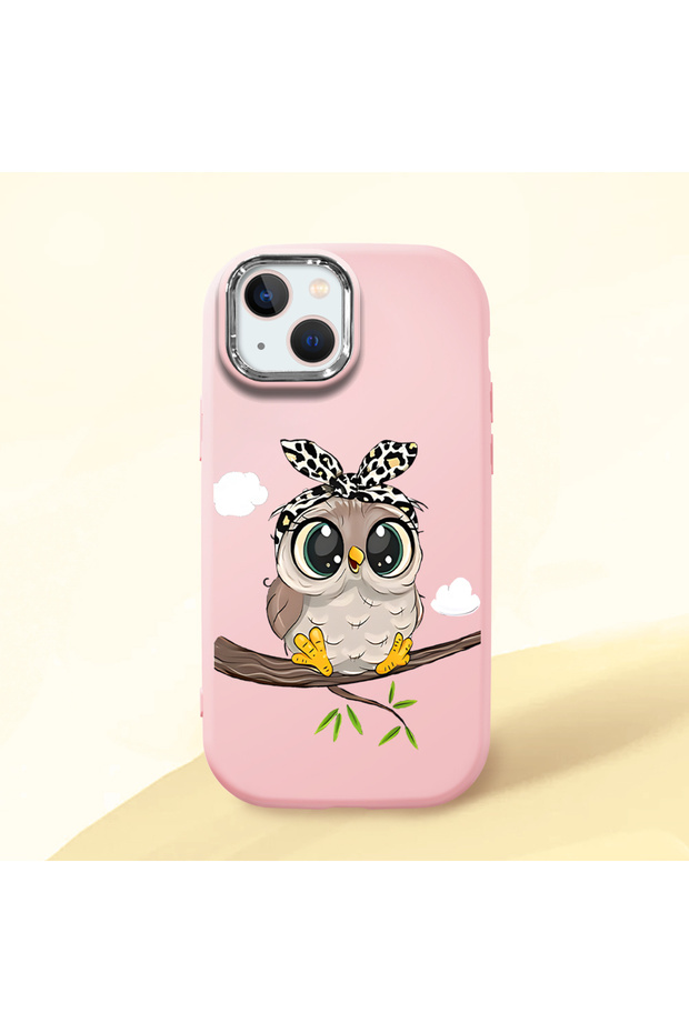 iPhone 15 Plus Compatible Case with Camera Protection Pink Silicone Couple Phone Case with Owl Pattern