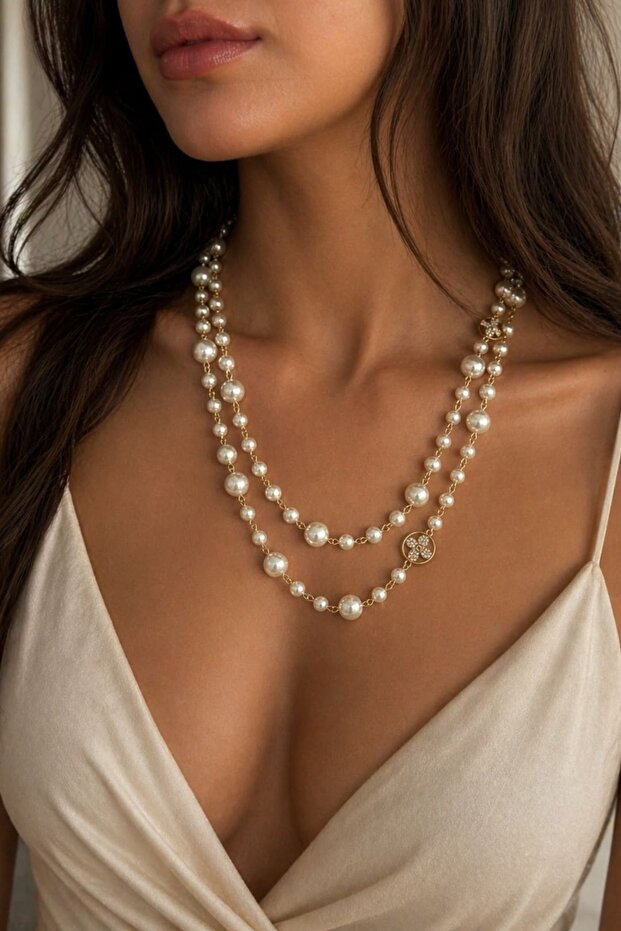 Clover Detailed Pearl Double Necklace