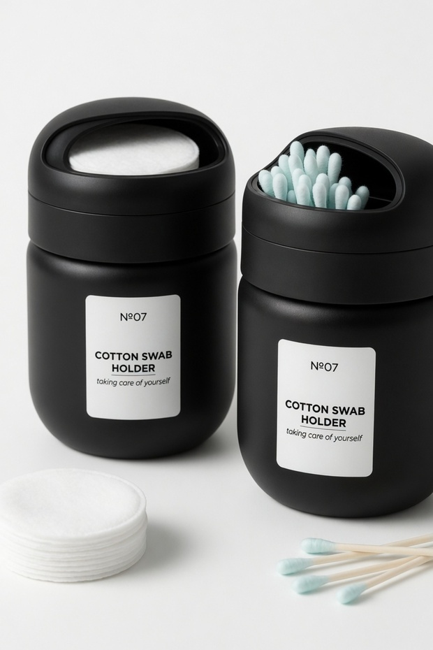 Glass Body Covered Cotton Swab Organizer Cotton Swab Box Makeup Cotton Storage Container Bathroom Organizer Black 1 Piece
