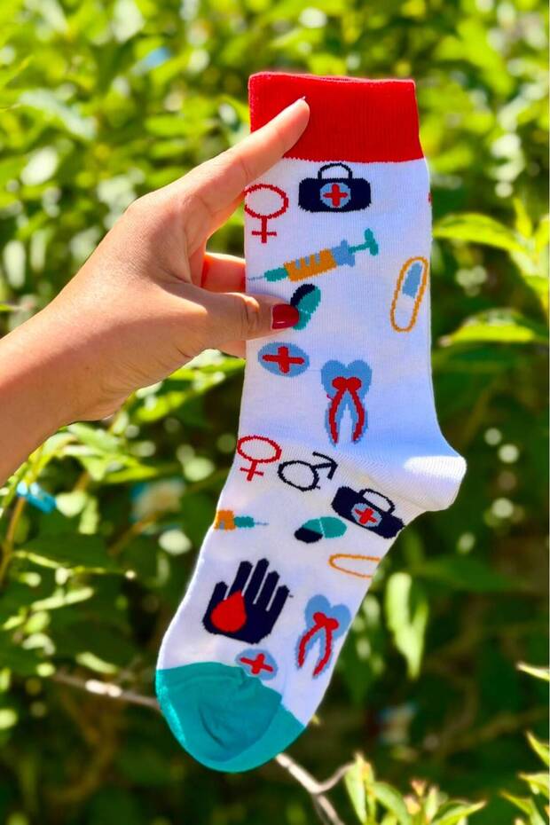 Unisex Doctor Nurse Medical Patterned White Socks
