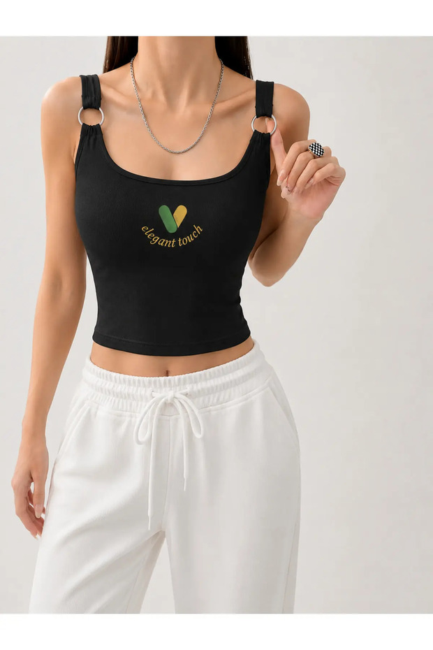 Julia Women's Ring Detailed U-Neck Crop Tank Top with Straps Flexible Basic Summer Blouse