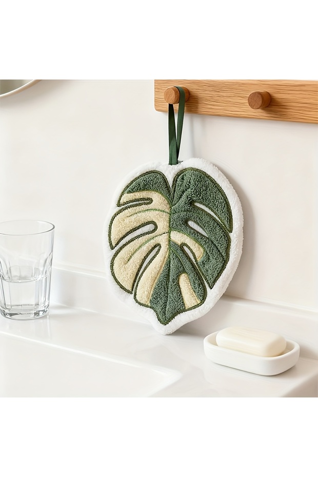 green Plant leaf hand towel, wall-mounted for kitchen, bathroom, and shower