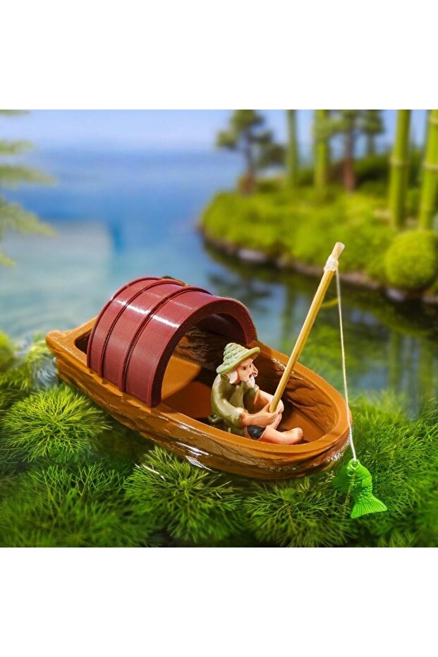 A2 Floating Boat Fisherman Mini Model Set for Aquarium Pond Fish Tank Realistic Landscaping Scene Ho