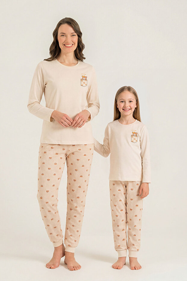 Mother Daughter Lovely Bear Cream Long Sleeve Pajama Set Rp3916-A-V1