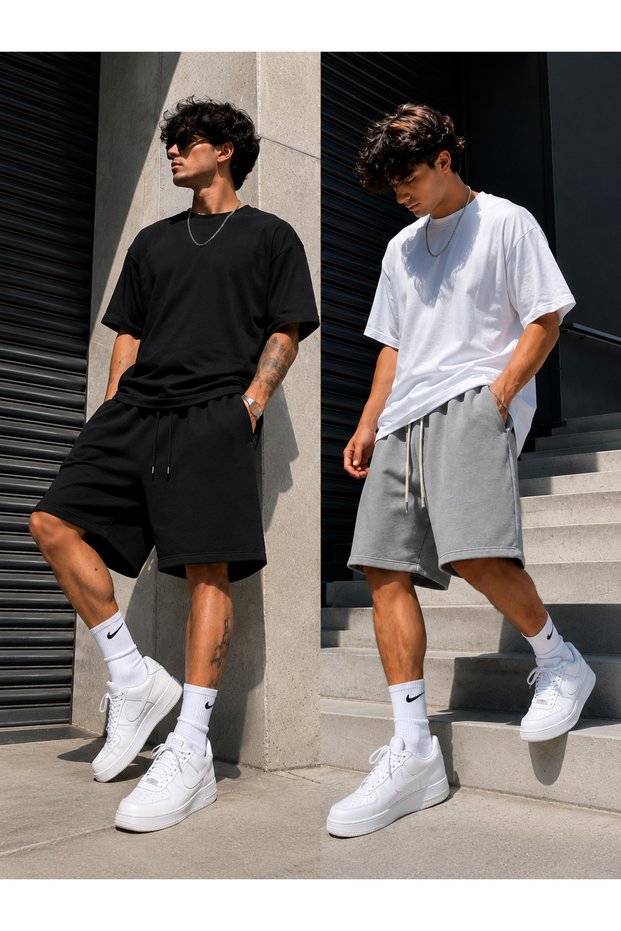 2-Piece Shorts for Men (Black-Grey) Summer Wide Fit Oversize Washable Fabric Anti-Sweat