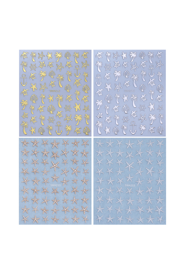 SWA212-213 4pcs 2/4pcs Summer Ocean Nail Stickers Gold Silver Starfish Star Coconut Tree Pattern Des