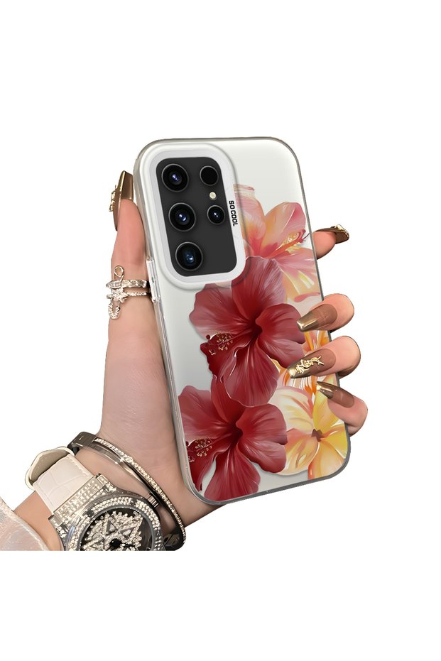 Samsung Galaxy S23 Ultra Compatible Silicone Edge Hard Back Case Couple Phone Case with Floral Pattern