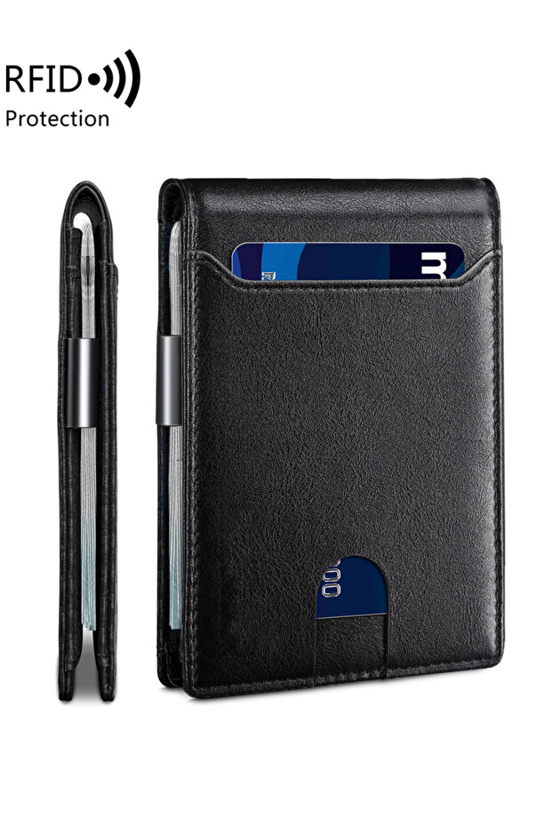 محفظة رجالية QB346-1-Plainblack بتصميم بسيط متعددة الوظائف مع حماية من تقنية RFID وجيب أمامي محمول للبطاقات