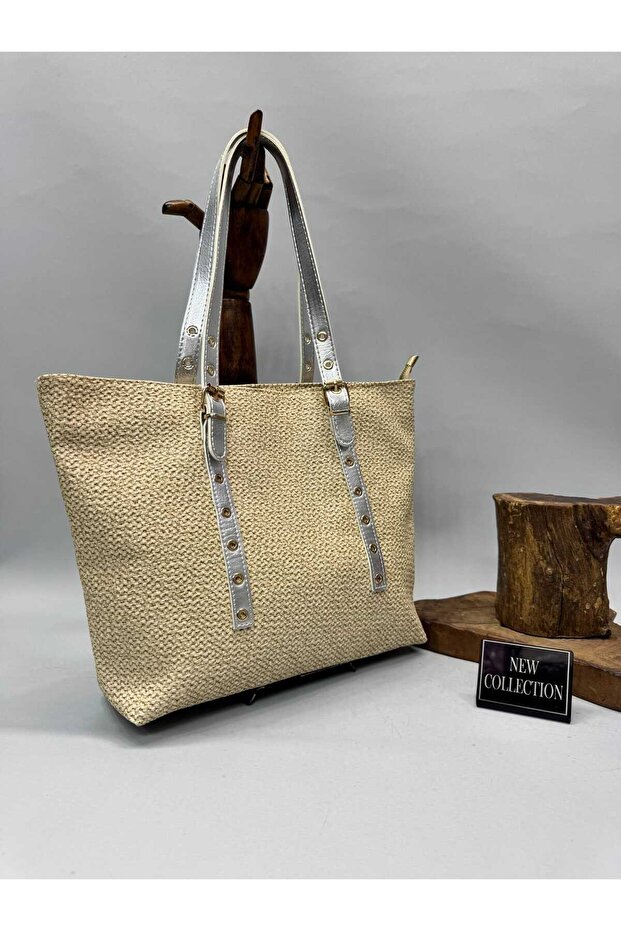 Women's Shoulder Bag with Wicker Look Leather Strap - Large Tote Bag