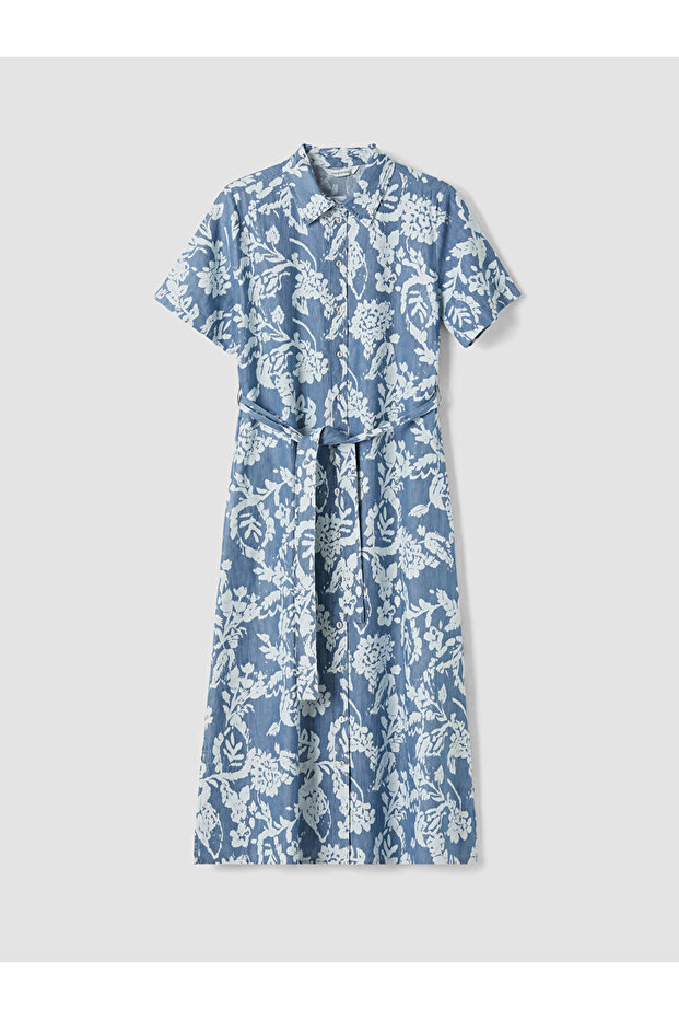 Lcw Everyday Blue Shirt Collar Patterned Belted Waist Jean Dress