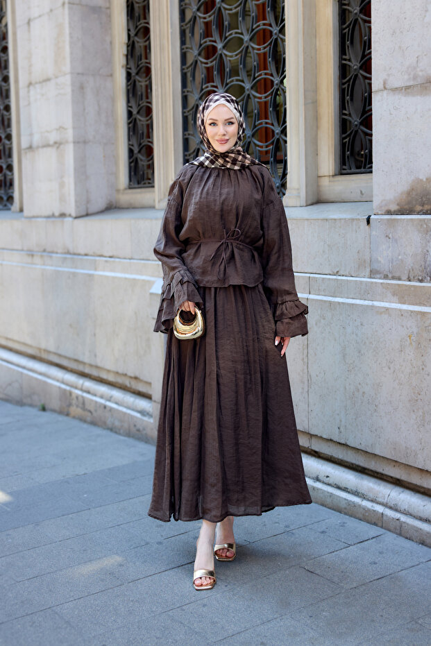 Women's Ruffle Sleeve Detailed Inner Lined Tulle Set Brown