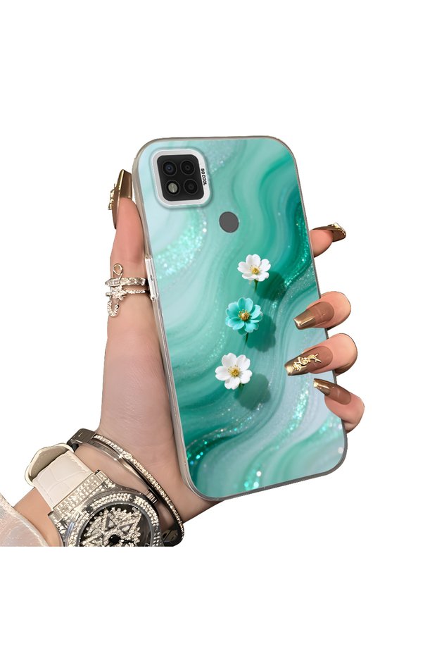 Poco C31 Compatible Silicone Edge Hard Back Case Couple Phone Case with Floral Pattern