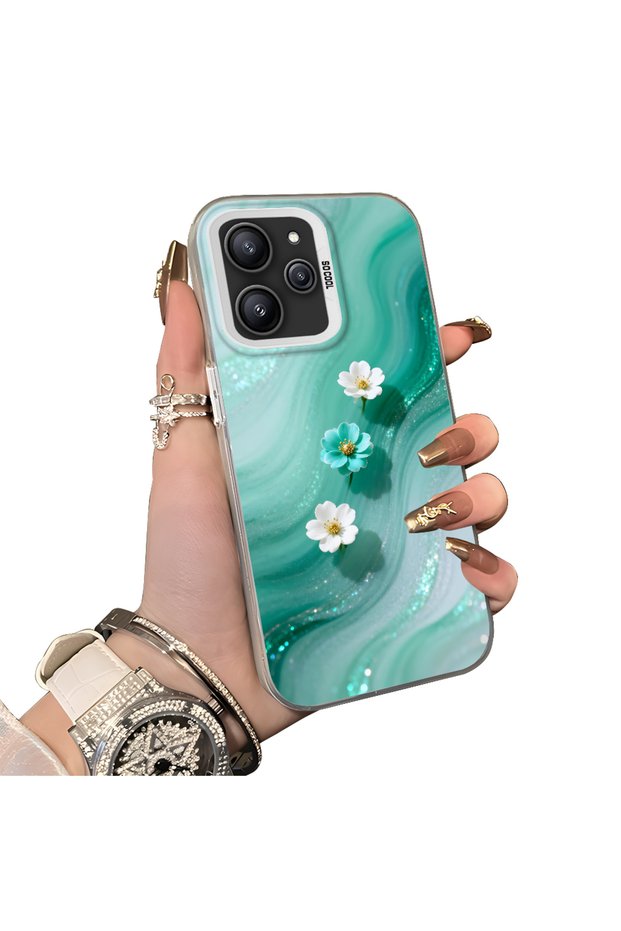 Redmi 12 Compatible Silicone Edge Hard Back Case Couple Phone Case with Floral Pattern