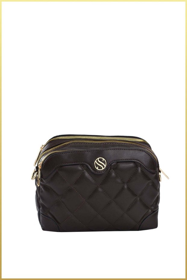 Women's Leather Three-Compartment Adjustable Strap Shoulder Bag - Bitter Brown