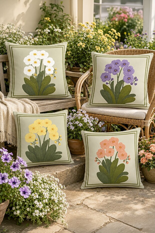Leafy Flowers Patterned 4-Piece Throw Pillow Cover Set