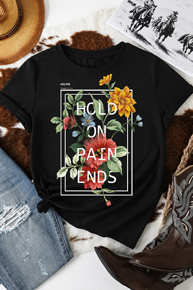 Flora Patience Designed 100% Cotton Half Oversize Black T-Shirt