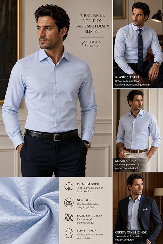 Long Sleeve Slim Fit 100% Cotton Twill Non-Iron Iron-Free Fish Back Pattern Classic Men's Shirt
