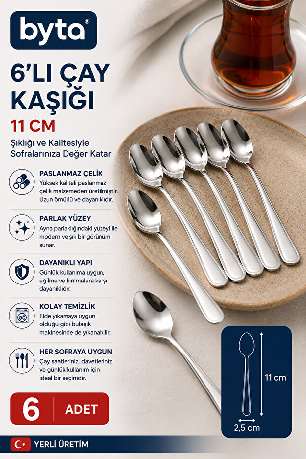 6-Piece Teaspoon Set 11 cm Stainless Steel Tea, Coffee and Dessert Spoon
