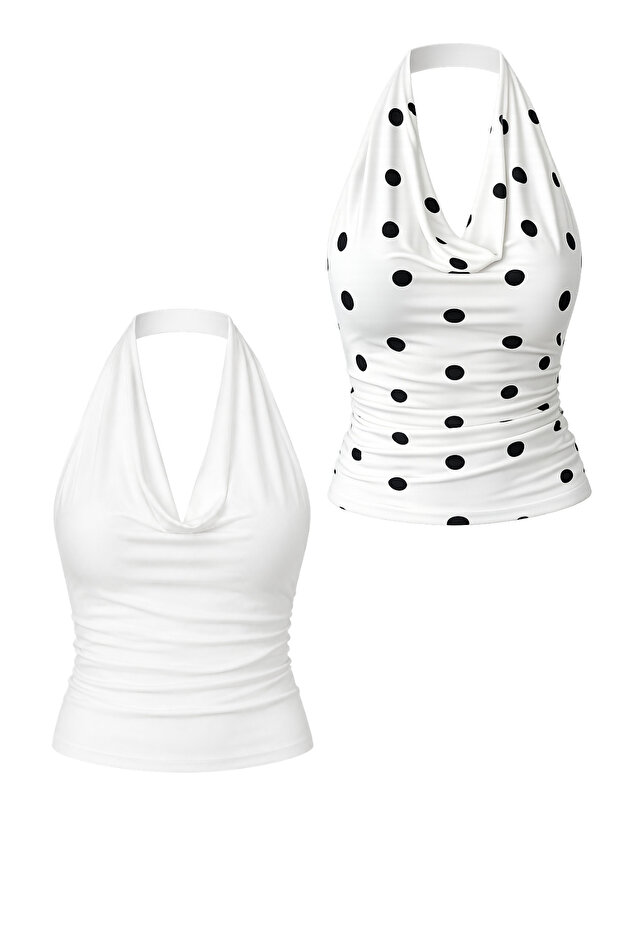 Women's Degaje Collar Crop 2-Piece Set (Black-White Polka Dot, White)