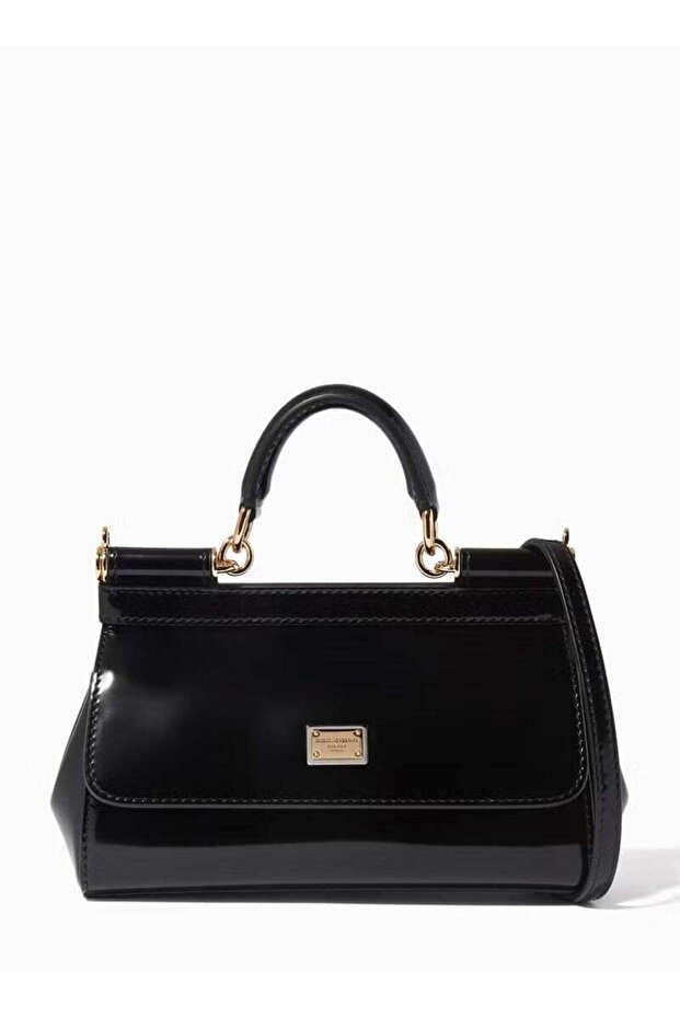 Small East West Sicily Top-handle Bag in Glossy leather, Black-17cm