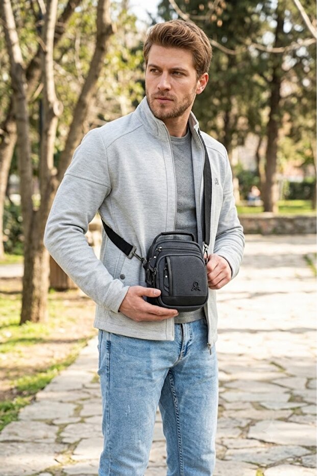 Men's Canvas Faux Leather Detailed Adjustable Strap Shoulder Bag