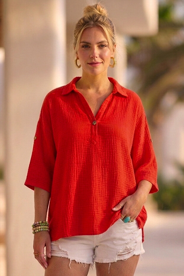 Pomegranate Flower Shirt Collar Buttoned 3/4 Sleeve Casual Muslin Oversize Woven 67 55