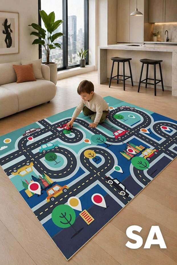 1 Piece Polyester Play Rug Road Map Carpet Non Slip Soft 80 120Cm Playroom Nursery