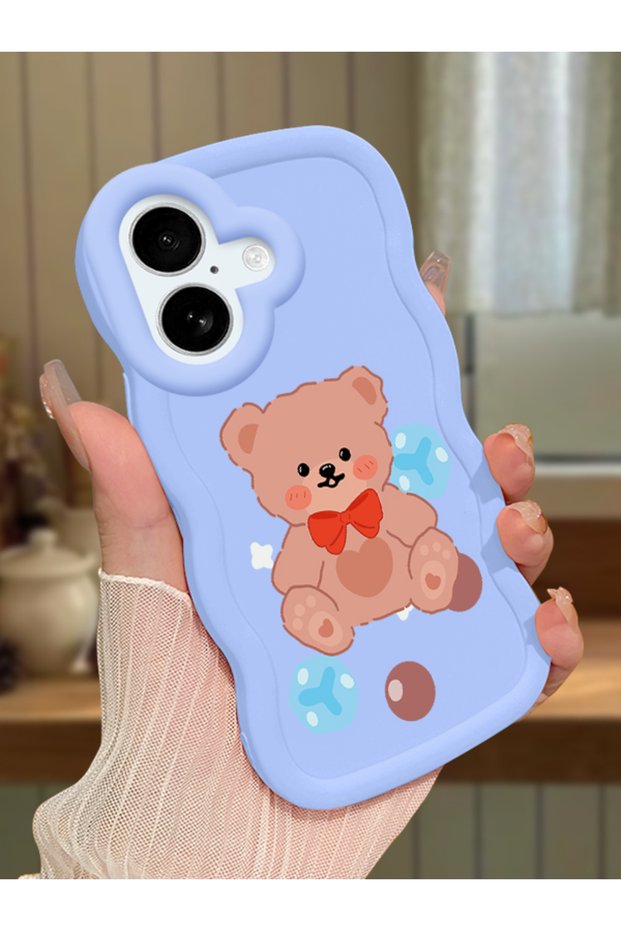 iPhone 16 Plus Compatible Case with Camera Protector Blue Silicone Couple Phone Case Bear Pattern