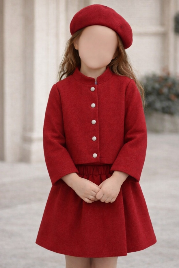 Red Woven 3-Piece Combination Jacket, Skirt, Hat, Stylish Design