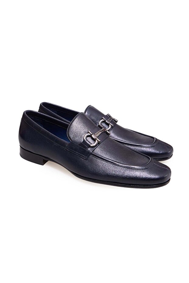 Dark Blue Color Laceless Genuine Leather Men's Shoes