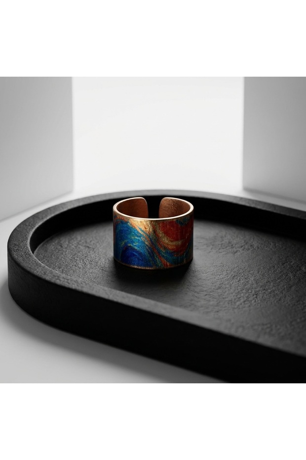 100% Handmade Copper | Copper Blue Red Landscape Patterned Wide Form Adjustable Ring | 100% El Y