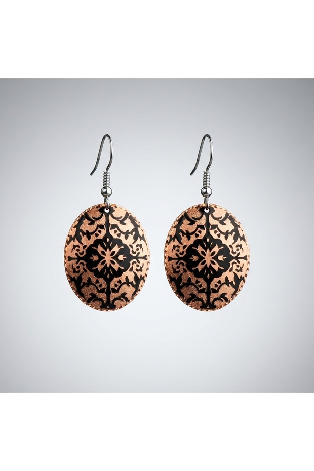 Copper Black Beige Lace Motif Dangle Earrings
