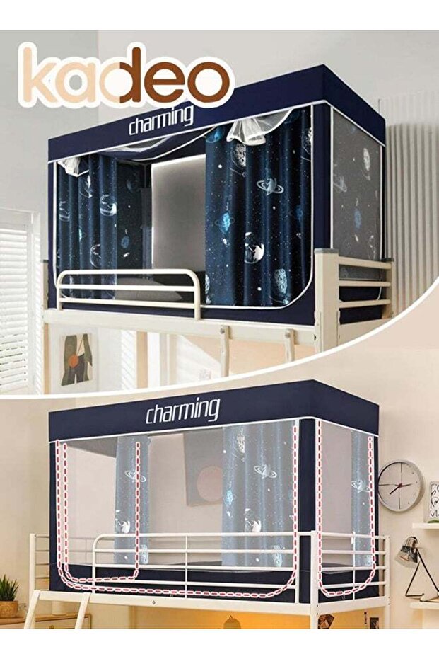 Dormitory Loft Bed Curtain with Mosquito Net, 3 Doors, 5-Layer Encrypted Mosquito-Proof & Light-Blocking Fabric