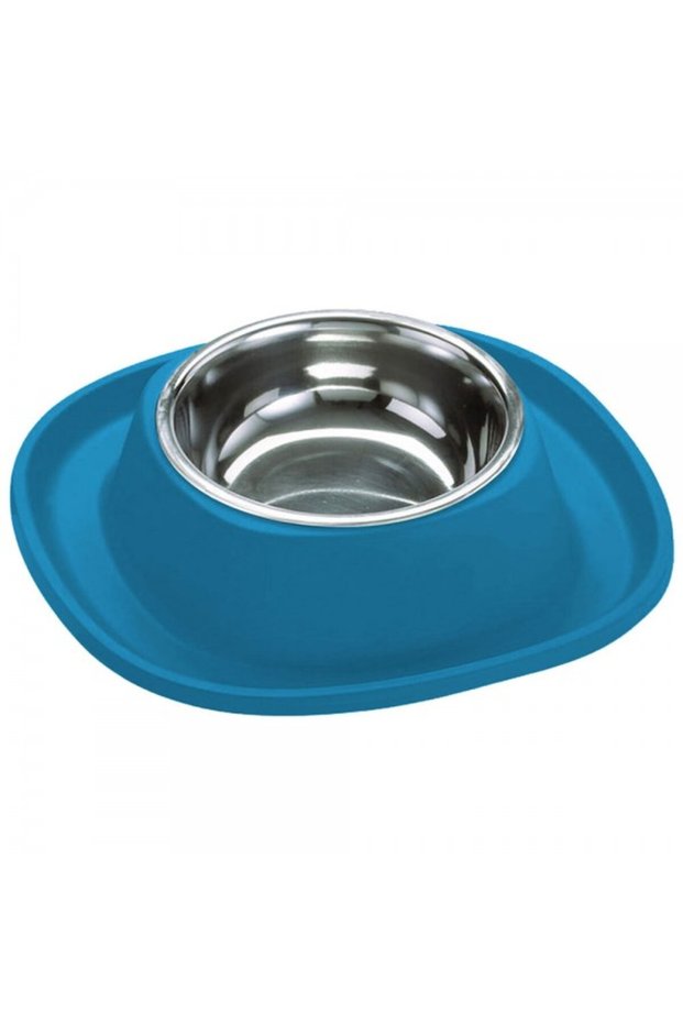 Soft Touch Stainless Steel Single Bowl Large Blue – 600ml Non-Slip Pet Feeding Bowl with Durable Soft Touch Holder 28x28x5.5 cm Modern Pet Feeder for Cats and Small Dogs Made in Italy
