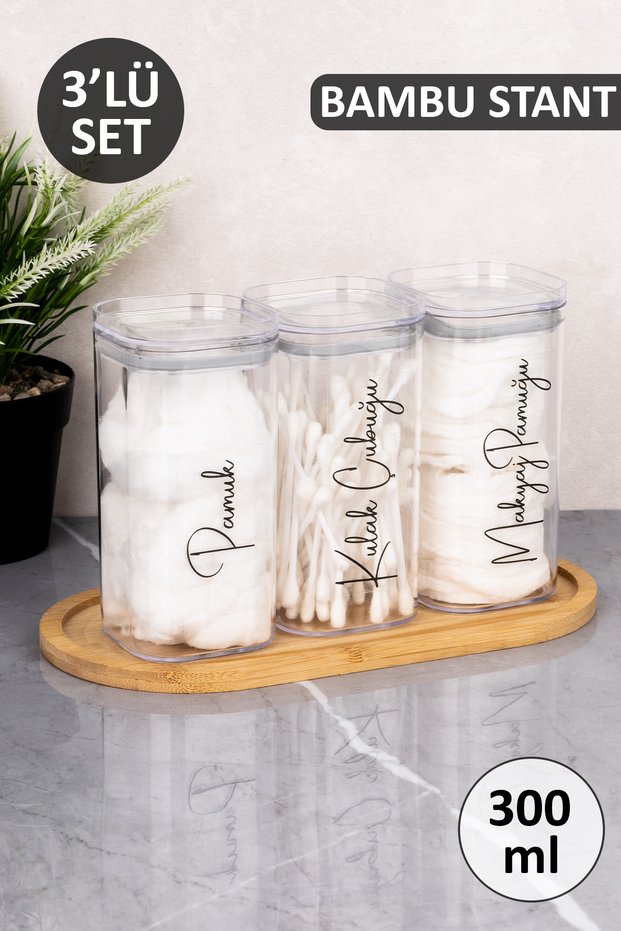 3-Piece Bamboo Stand Cotton Swab - Makeup Cotton Swab Labeled Transparent Mica Jar Cotton Box Set Acrylic Bathroom Organizer 300 ml
