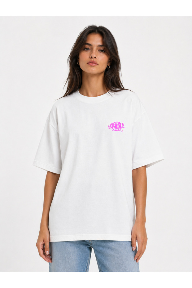 Unisex Women's Men's Synaworld Written Logo Front Printed Oversize Thick Fabric Relaxed Cut Cotton T-Shirt