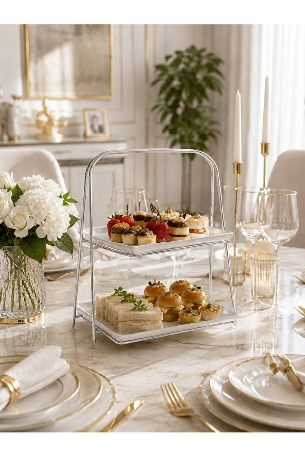 Luxurious Two-Tier Stylish Mica Serving Tray with Silver Legs, Dessert, Coffee Cookie Serving Tray Stand 17X20X30Cm