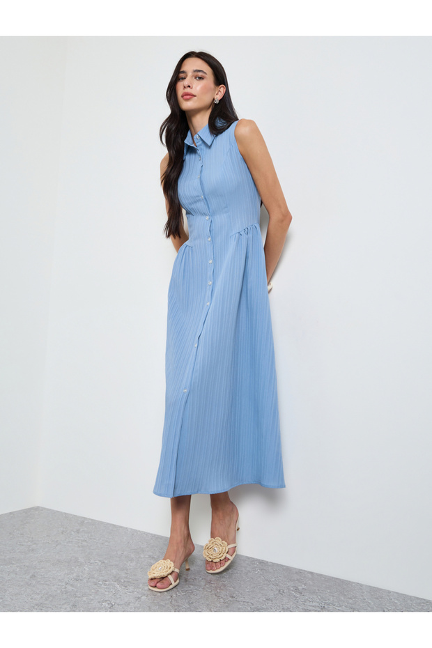 Blue Sleeveless Textured Shirt Midi Dress