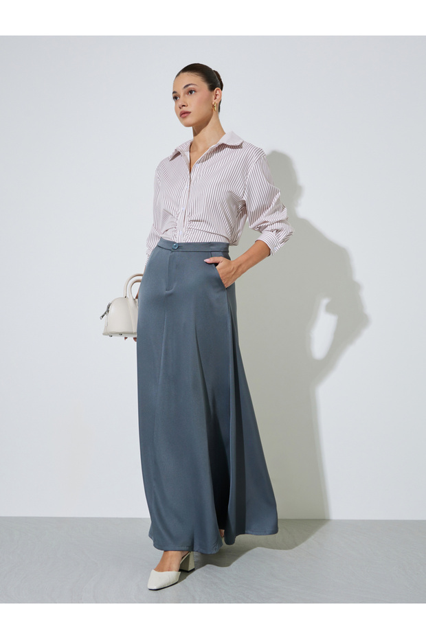 Grey A-Line Maxi Skirt with Side Pocket