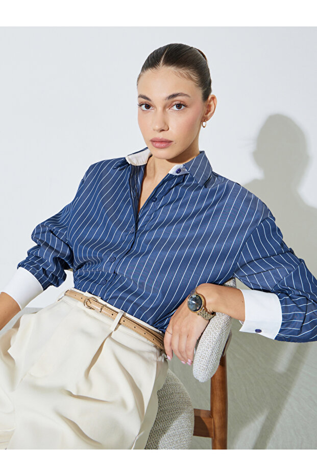 Navy Blue Striped Oversized Shirt
