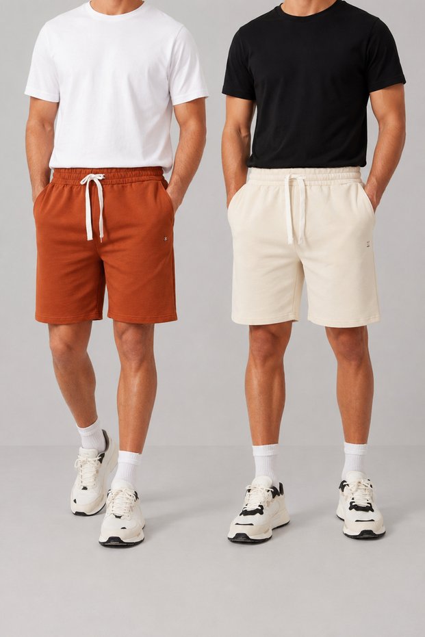 Men's 2-Piece Basic Shorts Set Ecru Tan Color Casual Sports Shorts
