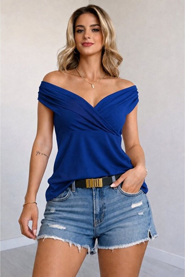 Women's Madonna Collared Sandy Blouse with Gathered Detail