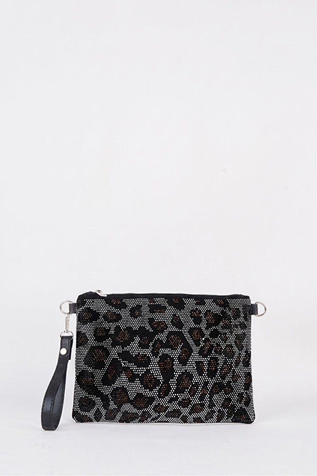 Women's Leopard Silver Stone Suede Portfolio Handbag and Clutch Bag with Ankle Strap and Chain Strap