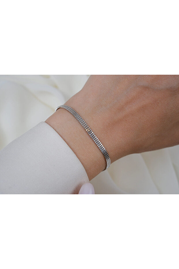 Blk471 Wicker Braided Flat Silver Bracelet [18.5 cm]