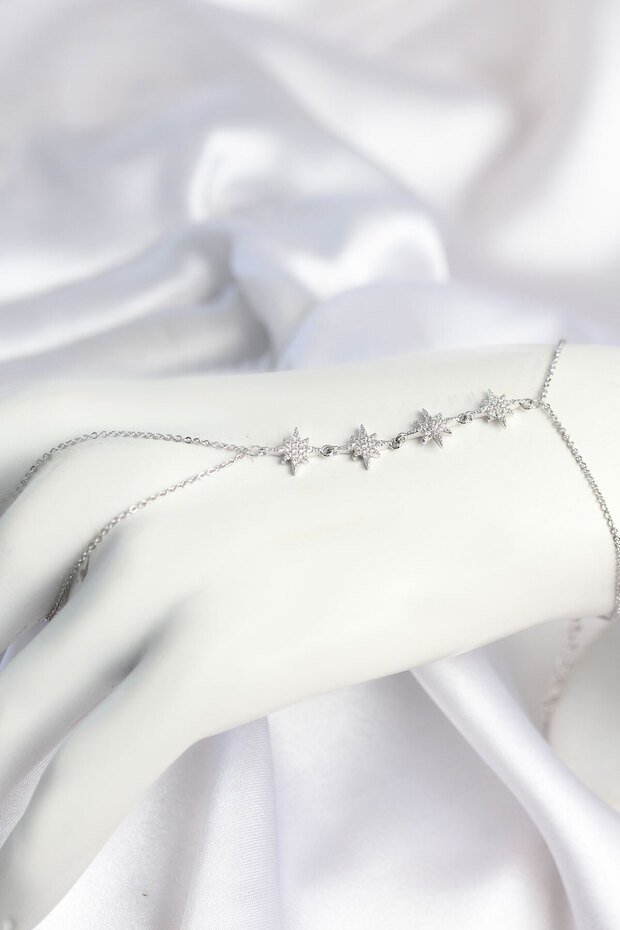 Silver Color Zircon Stone Rowed Pole Star Model Şahmeran -